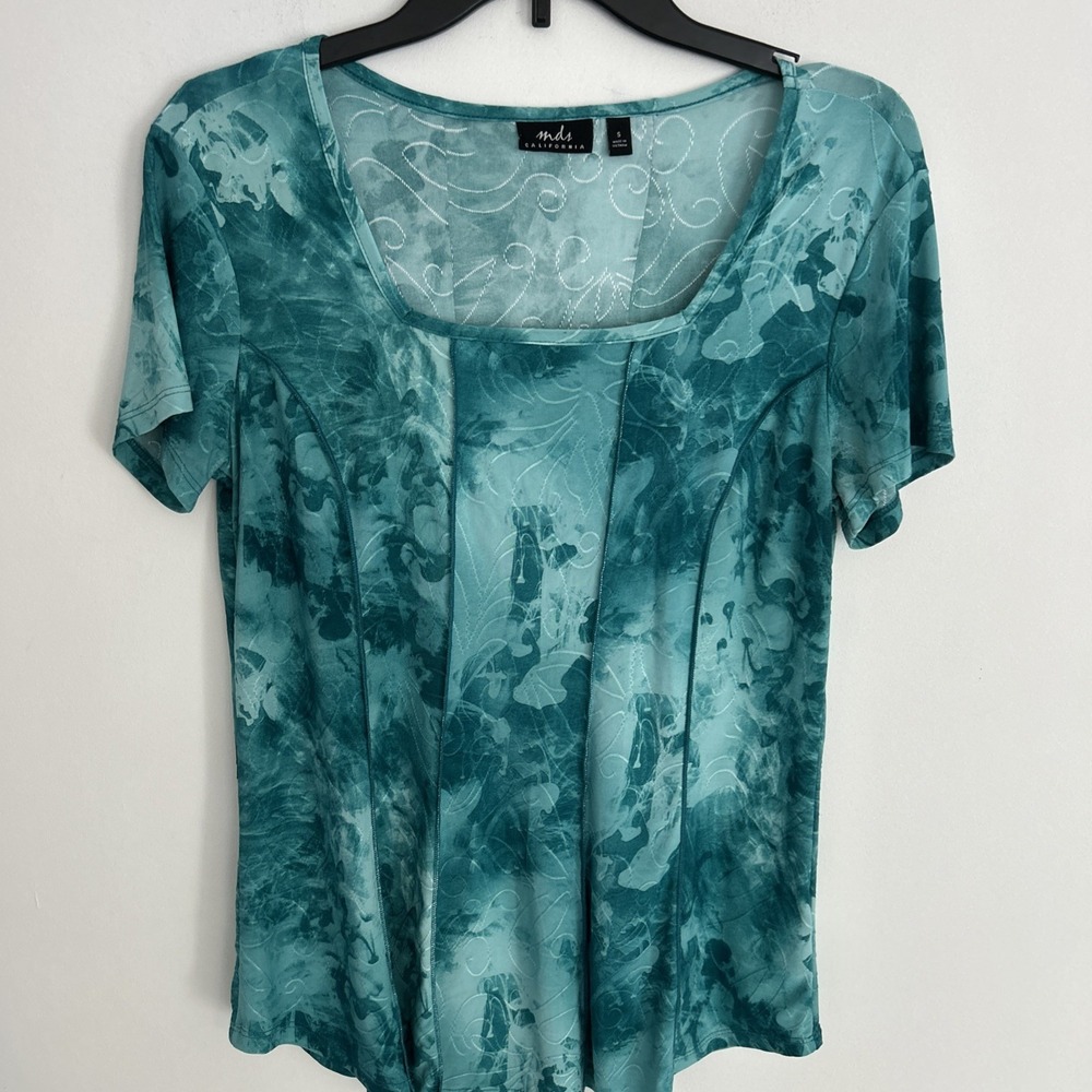 MDS California Women‎ S Short Sleeve Teal Tie-Dye Abstract Print Art To Wear Top